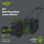 40V 21" Cordless Battery Self-Propelled Lawn Mower: 5.0Ah Battery and Charger, LM2154S
