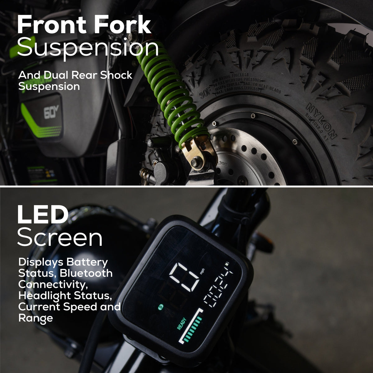 60V STEALTH Series Electric Mini-Bike: (2) 8.0 Ah Batteries and Dual-Port Rapid Charger