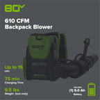 80V 610 CFM Cordless Battery Backpack Blower ,5Ah Battery and Rapid Charger
