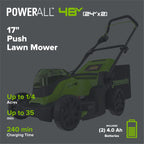 48V (24V x 2) 17" Push Cordless Lawn Mower, 320CFM Leaf Blower and 12" String Trimmer Combo Kit: (2) 4.0 Ah USB Batteries