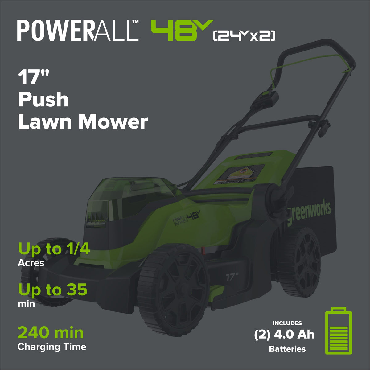 48V (24V x 2) 17" Push Cordless Lawn Mower, 320CFM Leaf Blower and 12" String Trimmer Combo Kit: (2) 4.0 Ah USB Batteries