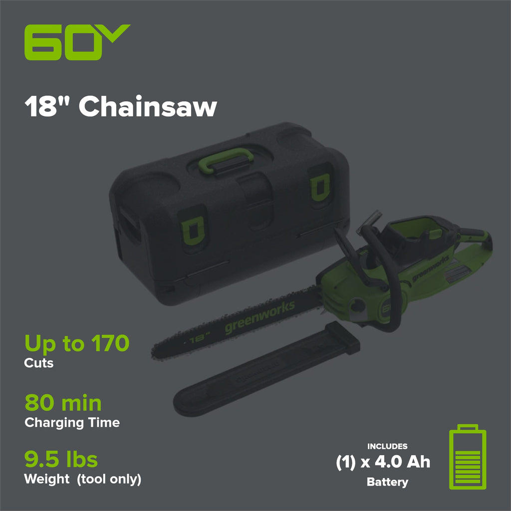 60V 18"Cordless Battery 2.0 kW Chainsaw and Hard Case, 4Ah Battery and Charger