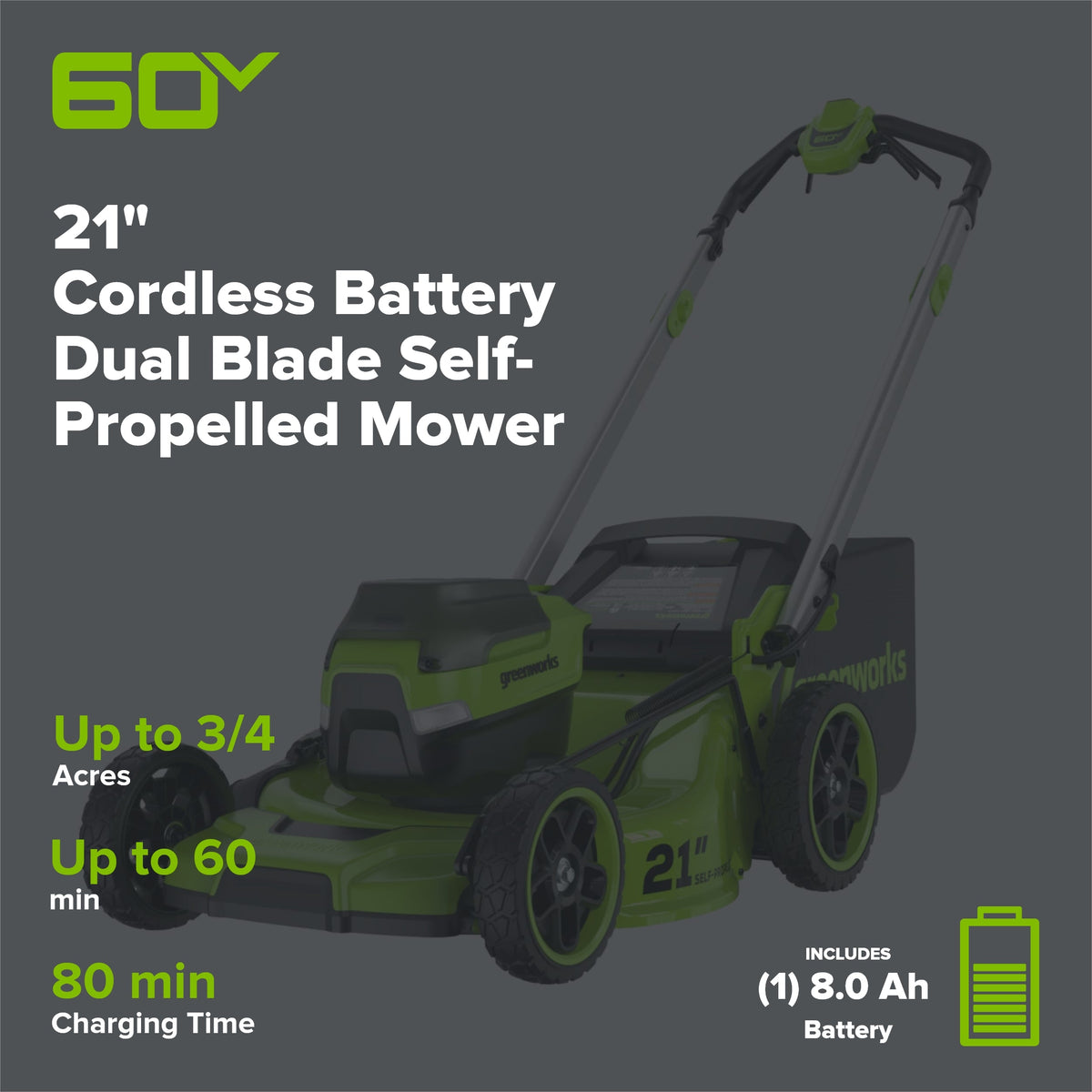 60V 21" Cordless Battery Dual Blade Self-Propelled Mower, (1) 8Ah battery and 6A Charger, LM2146S