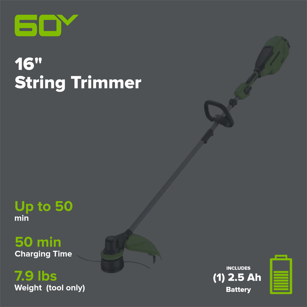 60V 16" Cordless Battery String Trimmer w/ 2.5Ah Battery and 3A Charger