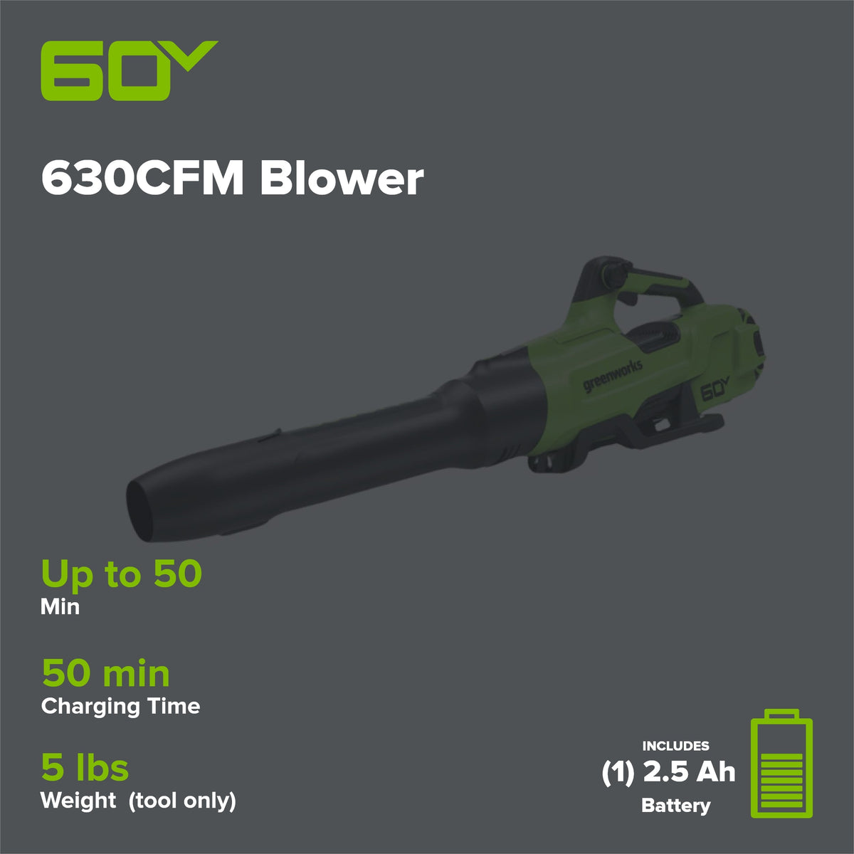 60V 630CFM Cordless Battery Blower: 2.5 Ah Battery and 3A Charger