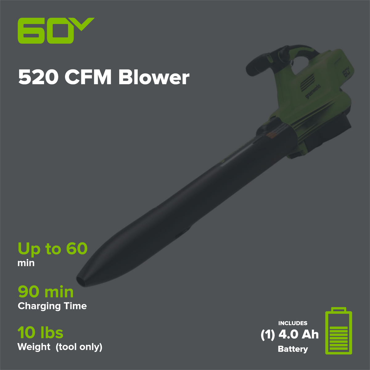 60V 520 CFM Cordless Battery Blower/Vacuum w/ 4Ah Battery and 3A Charger