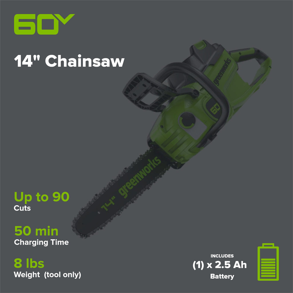 60V 14" Cordless Battery 1.2kW Chainsaw: 2.5 Ah Battery and 3A Charger