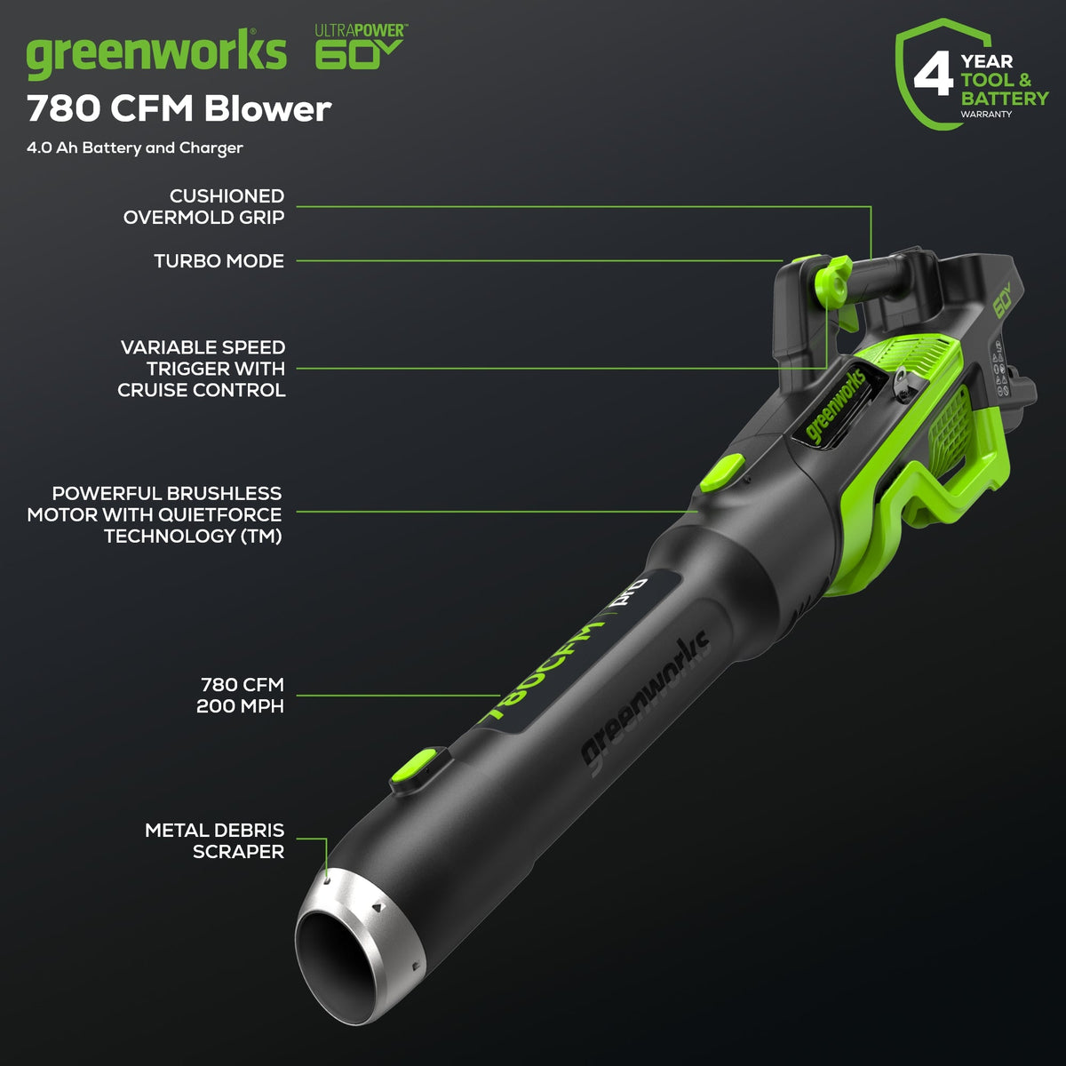 Pro 60V 780CFM Cordless Battery Leaf Blower, 4Ah Battery and Charger