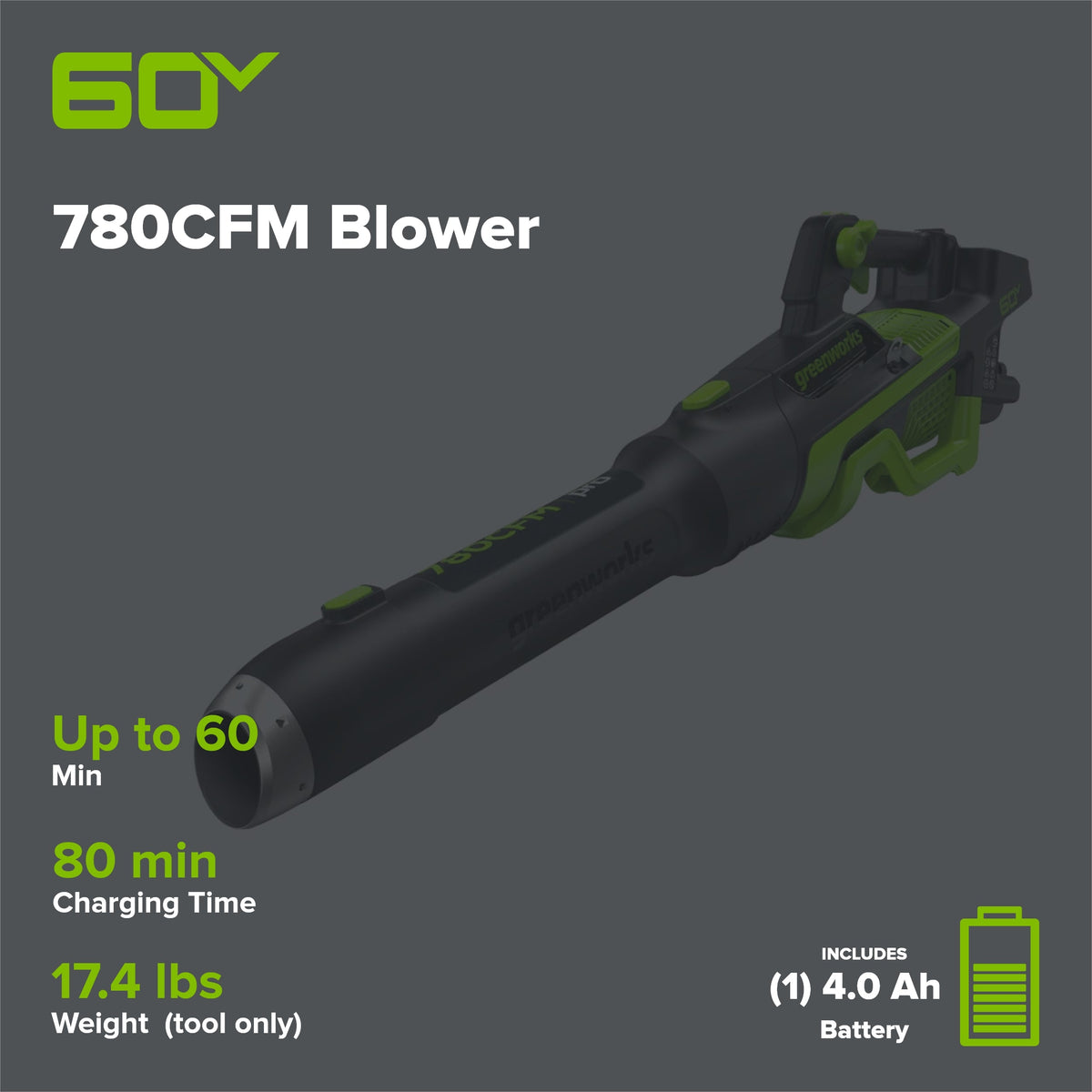 Pro 60V 780CFM Cordless Battery Leaf Blower, 4Ah Battery and Charger