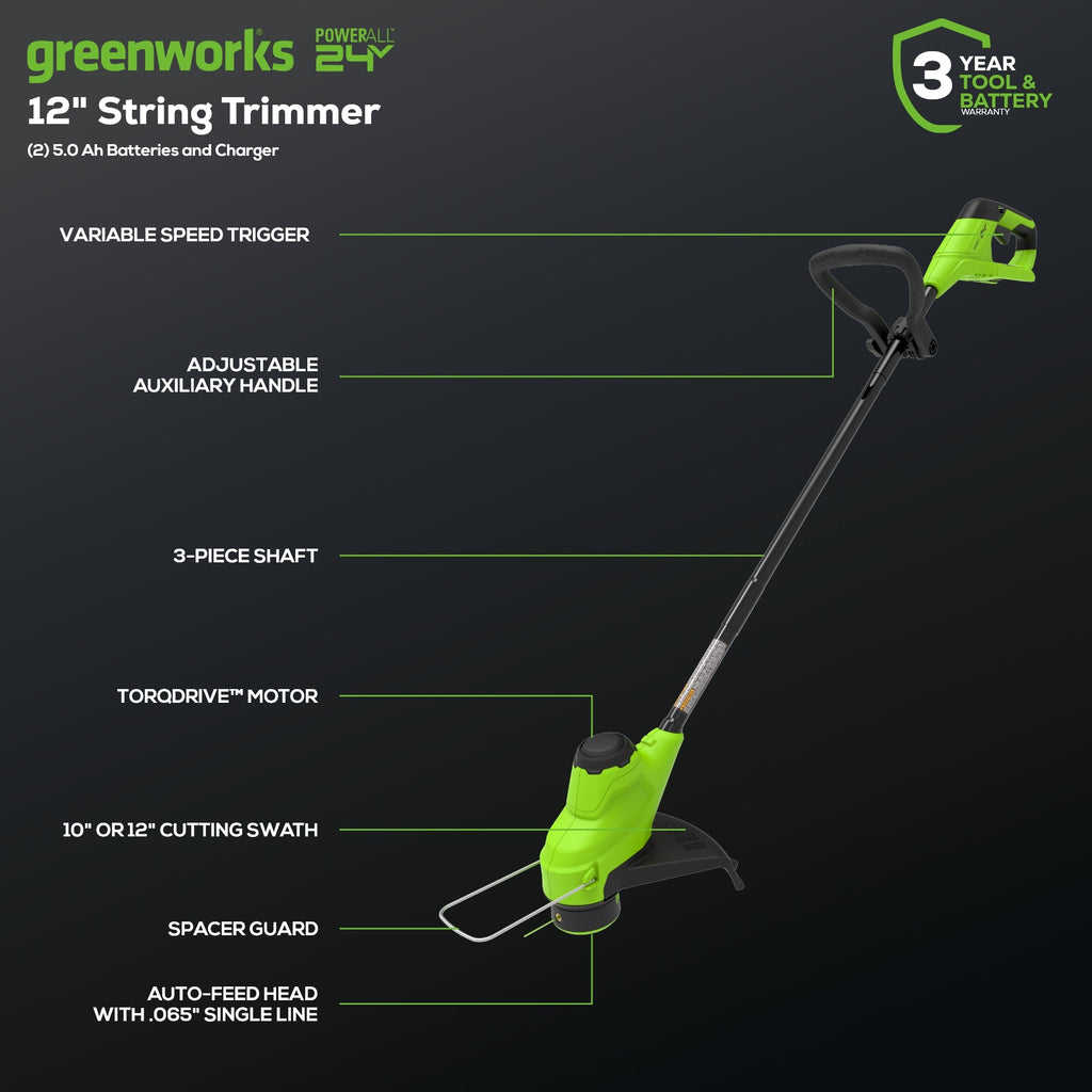 48V (24V x 2) 21" Cordless Battery Self-Propelled Mower, 12" String Trimmer and 320 CFM Blower Combo Kit: (2) 5.0Ah Batteries and Chargers