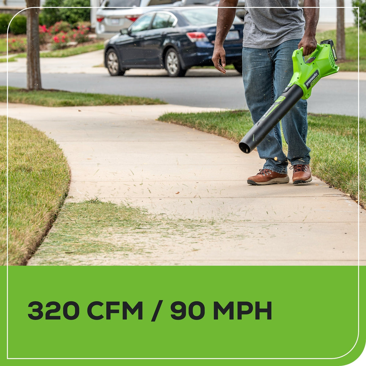 48V (24V x 2) 21" Cordless Battery Self-Propelled Mower, 12" String Trimmer and 320 CFM Blower Combo Kit: (2) 5.0Ah Batteries and Chargers