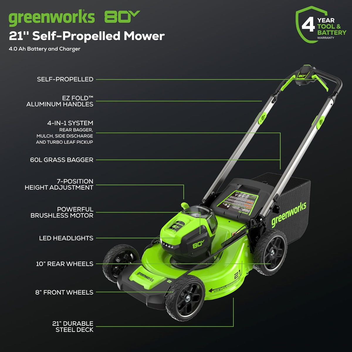 80V 21" Cordless Battery 4-in-1 Self-Propelled Lawn Mower: 4.0 Ah Battery and Charger, LM2108S
