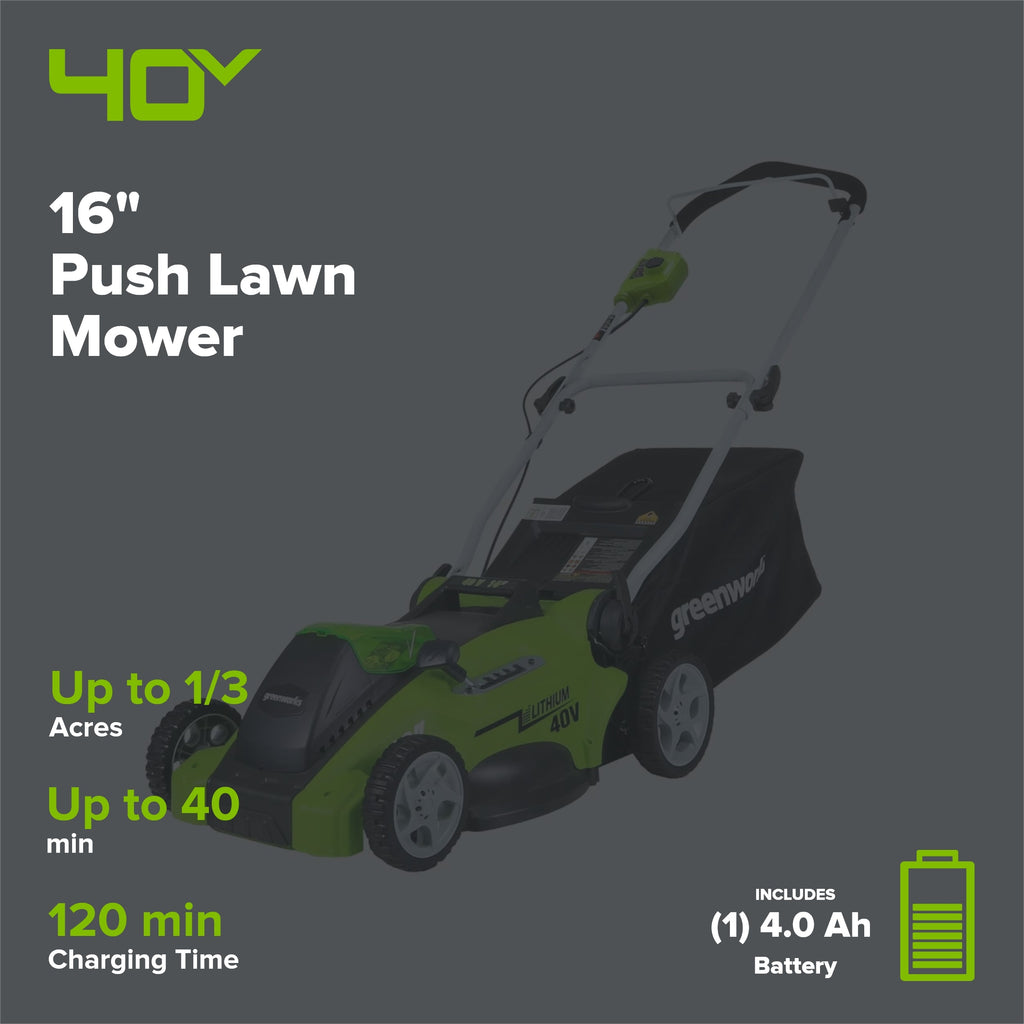40V 16" Cordless Battery Push Mower 3pc Combo Kit, 4Ah Battery, 2Ah Battery and Charger