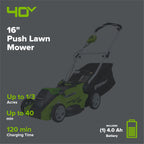 40V 16" Cordless Battery Push Mower 3pc Combo Kit, 4Ah Battery, 2Ah Battery and Charger
