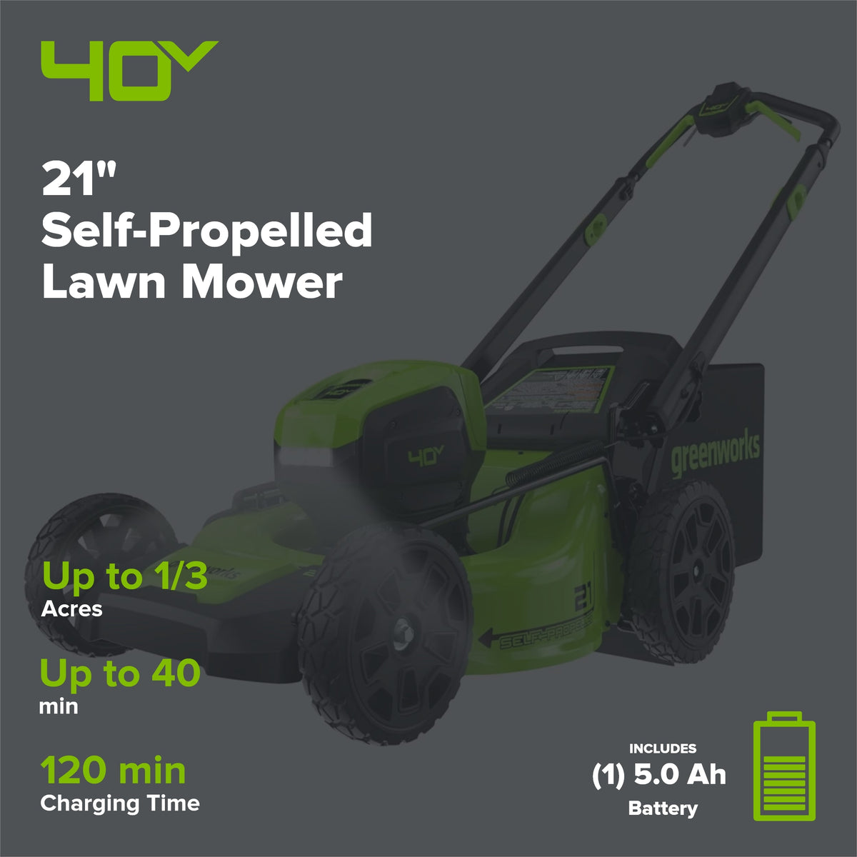40V 21" Cordless Battery Self-Propelled Lawn Mower: 5.0 Ah Battery and 2A Charger, LM2144S
