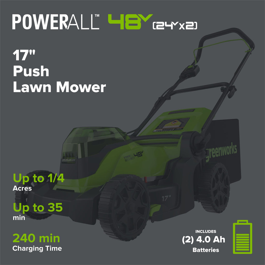 48V (24V x 2) 17" Cordless Battery Push Lawn Mower: (2) 4.0 Ah Batteries and Dual-Port Charger, LM1702