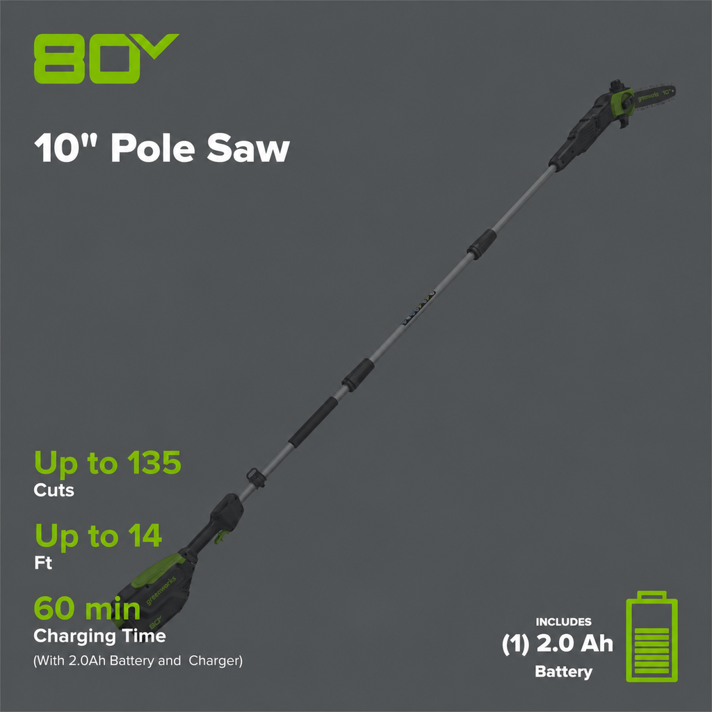 80V Pro 10" Cordless Battery Pole Saw: 2.0 Ah Battery and Charger