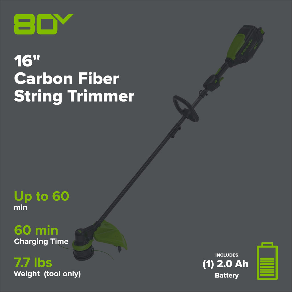 80V Cordless 16" Brushless Carbon Fiber String Trimmer: (1) 2.0 Ah Battery, (1) 2A Charger
