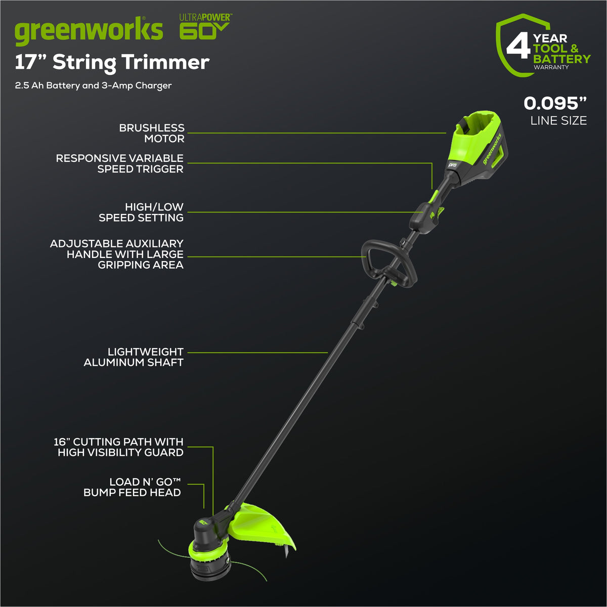 60V 17" Cordless Battery Brushless String Trimmer: 2.5 Ah Battery and Charger
