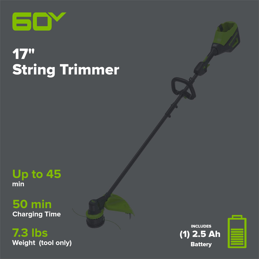 60V 17" Cordless Battery Brushless String Trimmer: 2.5 Ah Battery and Charger