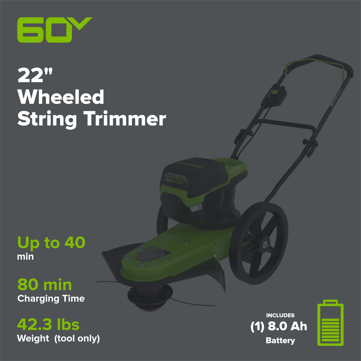 60V 22" Cordless Battery Wheeled String Trimmer, 8.0 Ah Battery and Charger