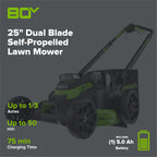 80V 25" Cordless Battery Dual Blade Self-Propelled Mower: 5.0 Ah Battery and Rapid Charger, LM2508S