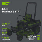 60V 60" MaximusZ Zero Turn: (2) 20.0 Ah, (4) 8.0 Ah Batteries and 1.5kW Charger, MZ6061