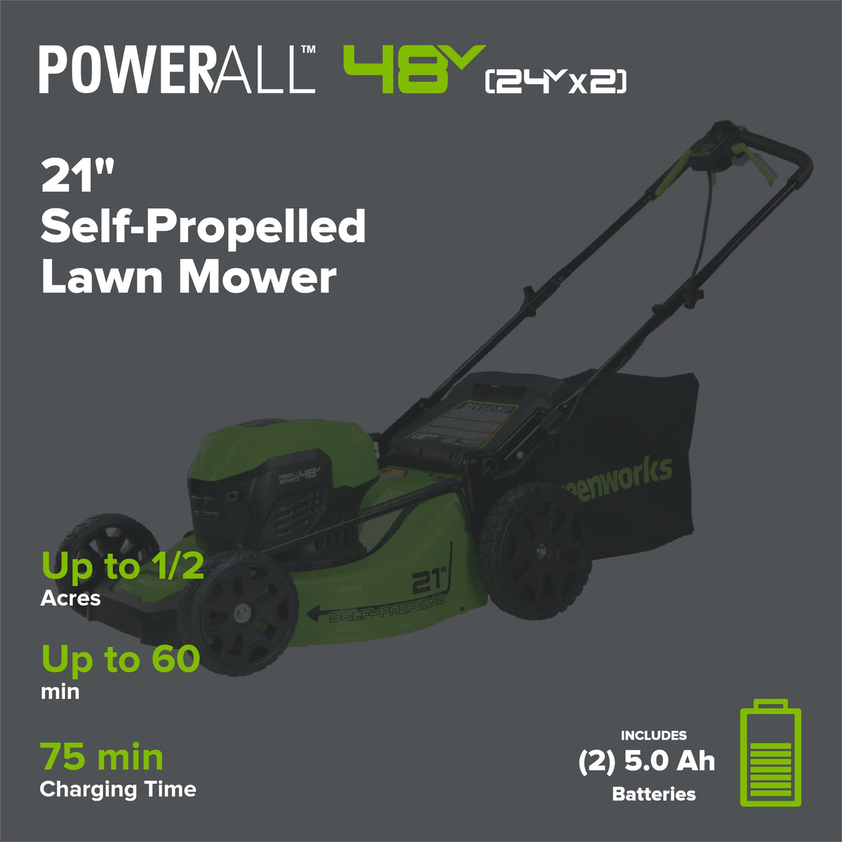 48V (24V x 2) 21" Cordless Battery Self-Propelled Mower 5PC Combo Kit: (2) 5.0Ah Batteries and Chargers