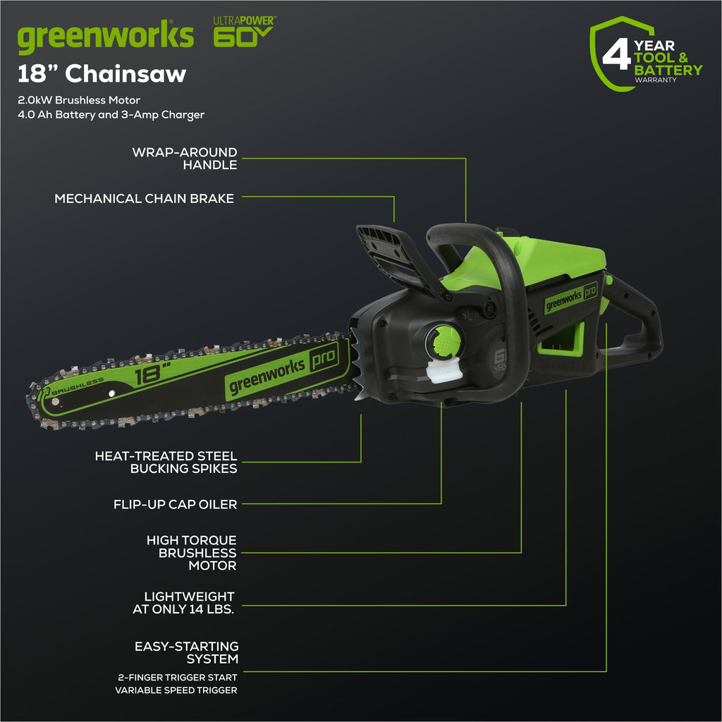 60V 18" Cordless Battery 2.0 kW Chainsaw and 24V 6" Pruner Saw, (1) 4.0 Ah Battery: (1) 2.0 Ah Battery and (2) Chargers
