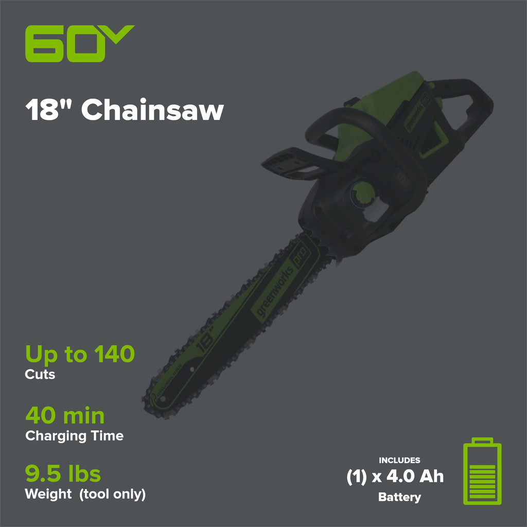 60V 18" Cordless Battery 2.0 kW Chainsaw and 24V 6" Pruner Saw, (1) 4.0 Ah Battery: (1) 2.0 Ah Battery and (2) Chargers