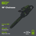60V 18" Cordless Battery 2.0 kW Chainsaw and 24V 6" Pruner Saw, (1) 4.0 Ah Battery: (1) 2.0 Ah Battery and (2) Chargers