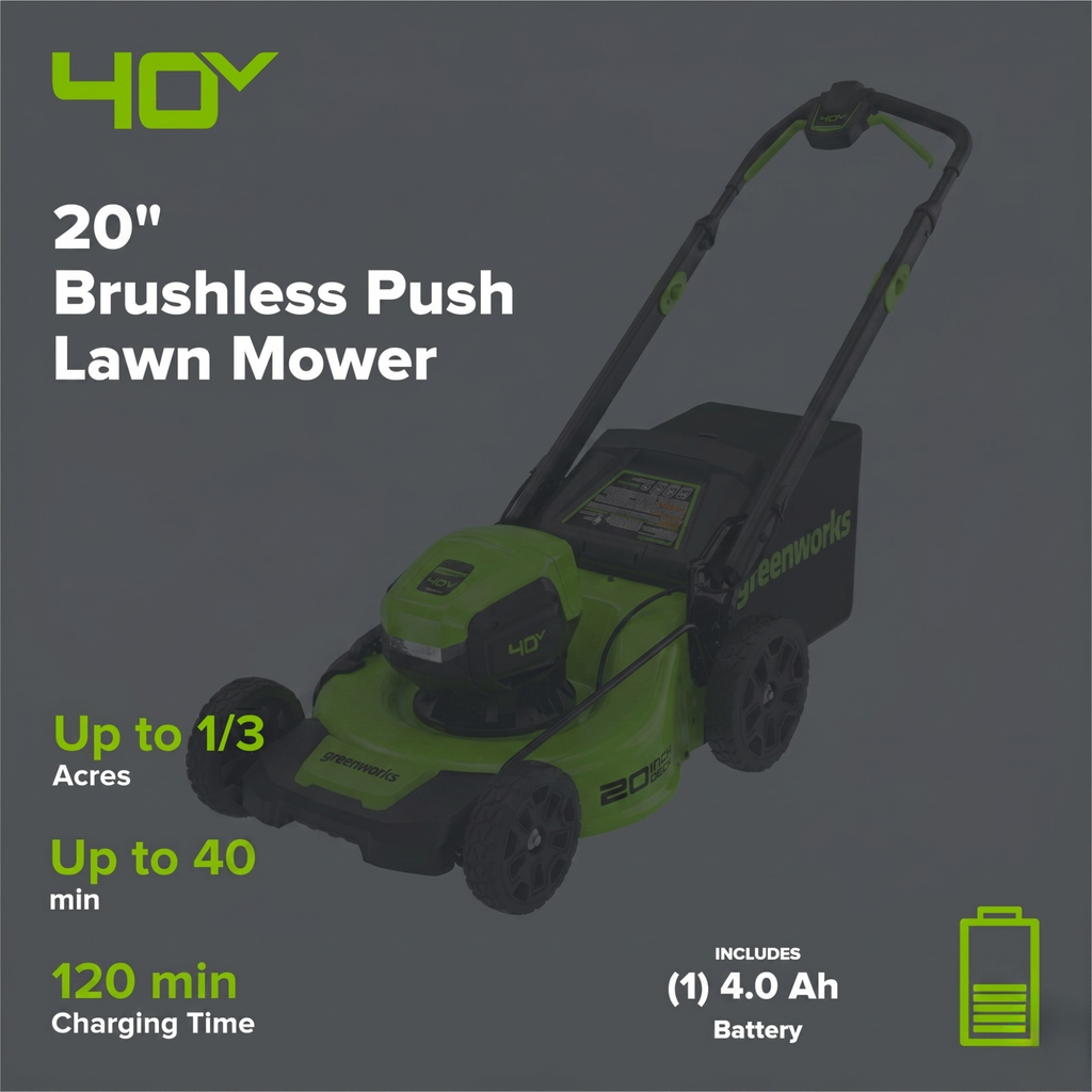 40V 20" Cordless Battery Push Mower 3pc Combo Kit: 4.0 Ah Battery and Charger