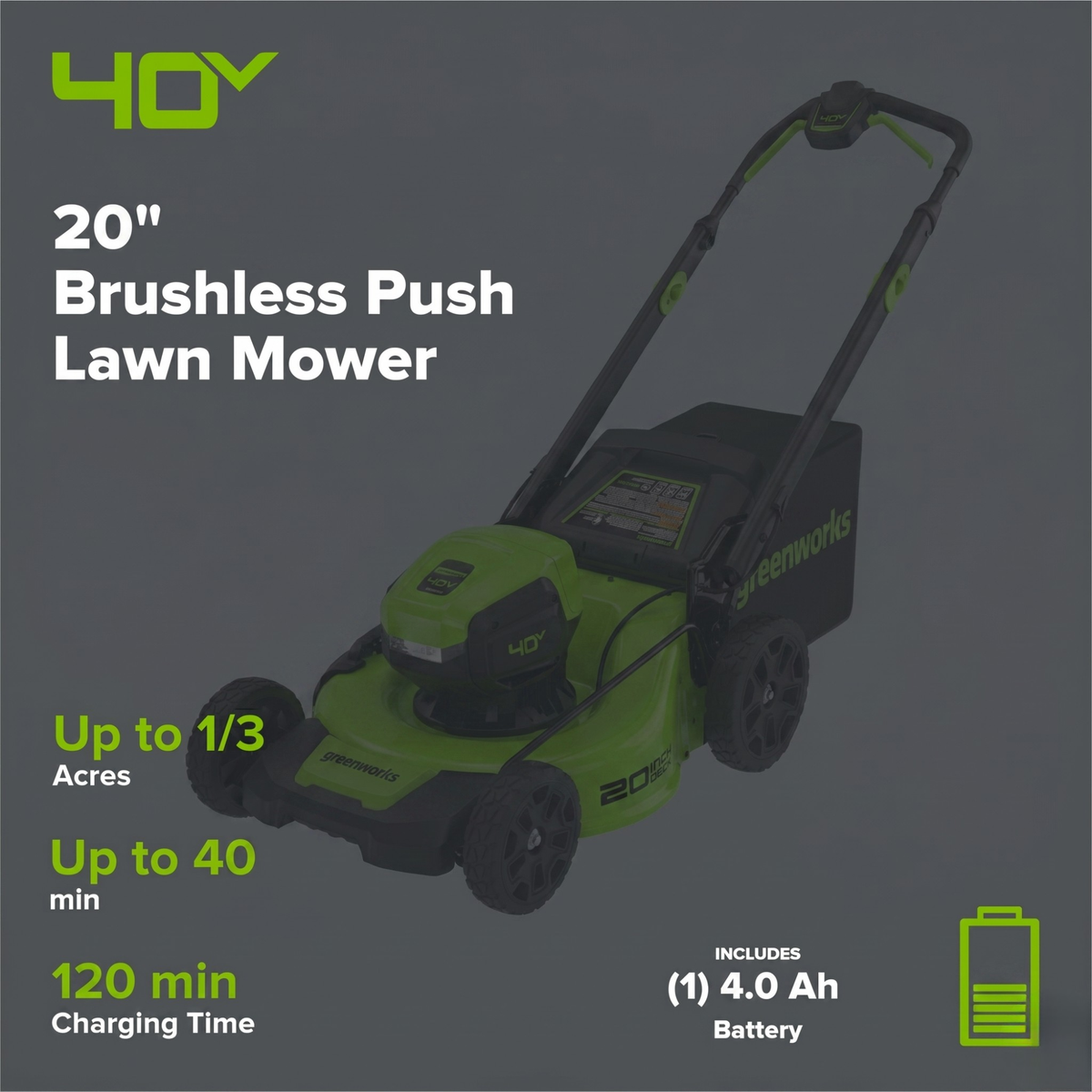 40V 20" Cordless Battery Push Mower 3pc Combo Kit: 4.0 Ah Battery and Charger