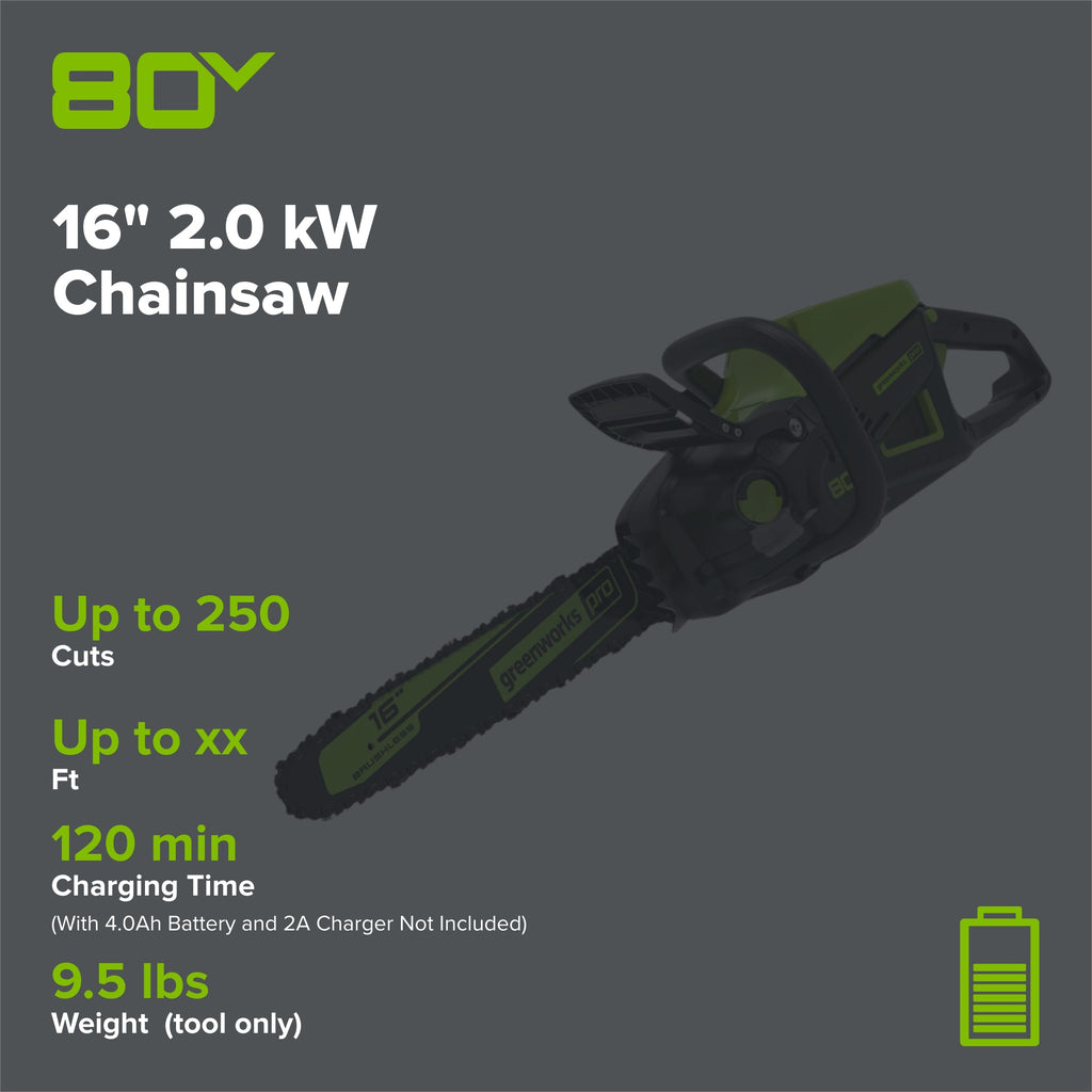 80V 16" 2.0 kW Cordless Battery Chainsaw (Tool Only)