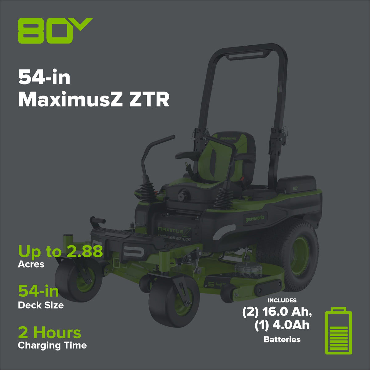 80V 54" MaximusZ Zero Turn Riding Mower with (2) 16.0 Ah and (1) 4.0 Ah Batteries and 1.5kW Charger, MZ5481