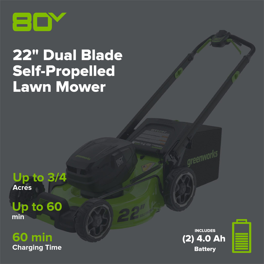 80V 22" Cordless Battery Dual Blade Self-Propelled Lawn Mower: (2) 4.0 Ah Batteries and Rapid Charger, LM2208S