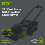 80V 22" Cordless Battery Dual Blade Self-Propelled Lawn Mower: (2) 4.0 Ah Batteries and Rapid Charger, LM2208S