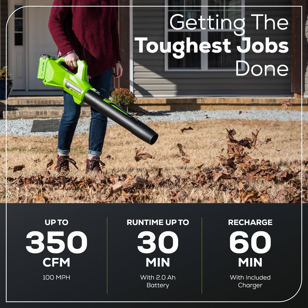 40V 350 CFM Cordless Battery Leaf Blower: 2.0 Ah Battery and Charger