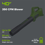 40V 350 CFM Cordless Battery Leaf Blower: 2.0 Ah Battery and Charger