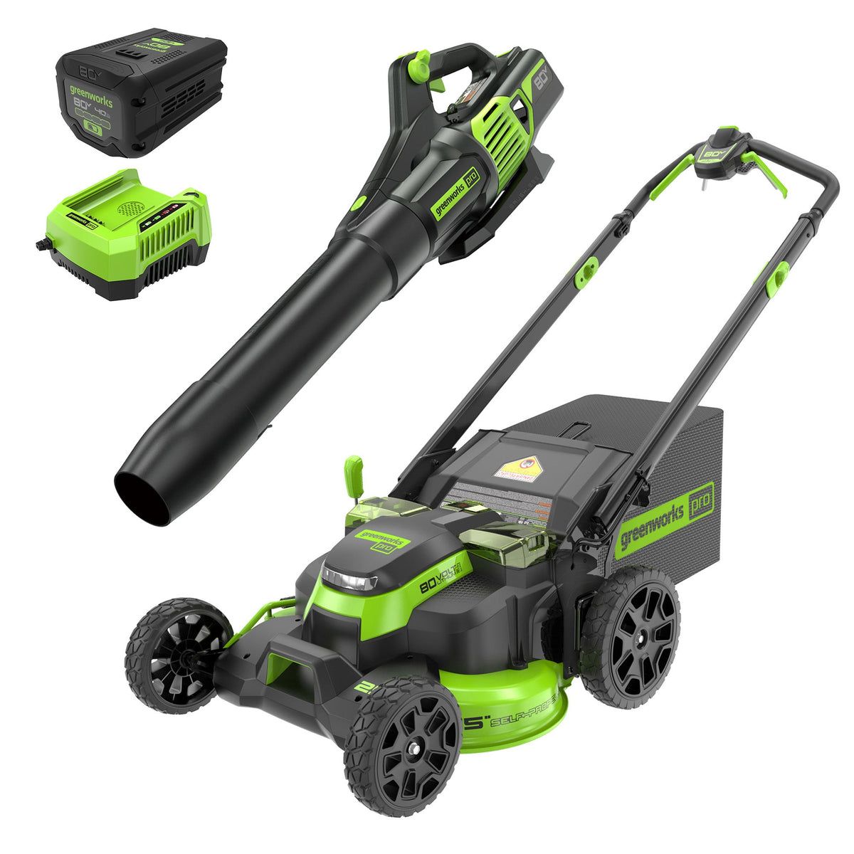 80V 25" Cordless Battery Dual Blade Self-Propelled Mower and 730 CFM Blower Combo Kit: (1) 4.0 Ah Battery and (1) Rapid Charger