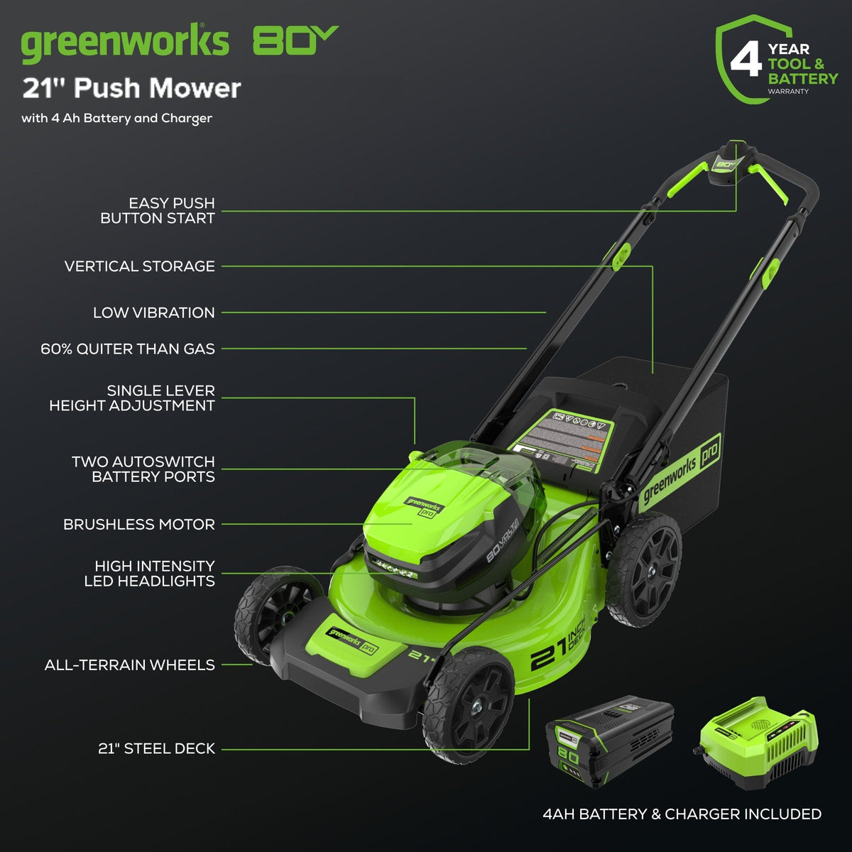 80V 21" Cordless Battery 4-in-1 Push Mower and 730CFM Leaf Blower Combo Kit, (1) 4.0 Ah Battery and (1) Rapid Charger