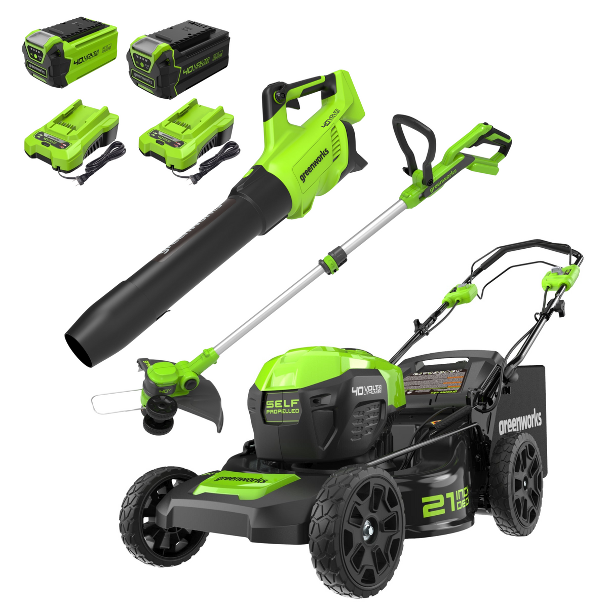 40V 21" Cordless Battery Self-Propelled Lawn Mower 3PC Combo Kit, (1) 5.0Ah Battery: (1) 2.0 Ah Battery and (2) Chargers