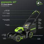 60V 17" Cordless Battery Push Lawn Mower and 13" String Trimmer Combo Kit: 4.0 Ah Battery and Charger