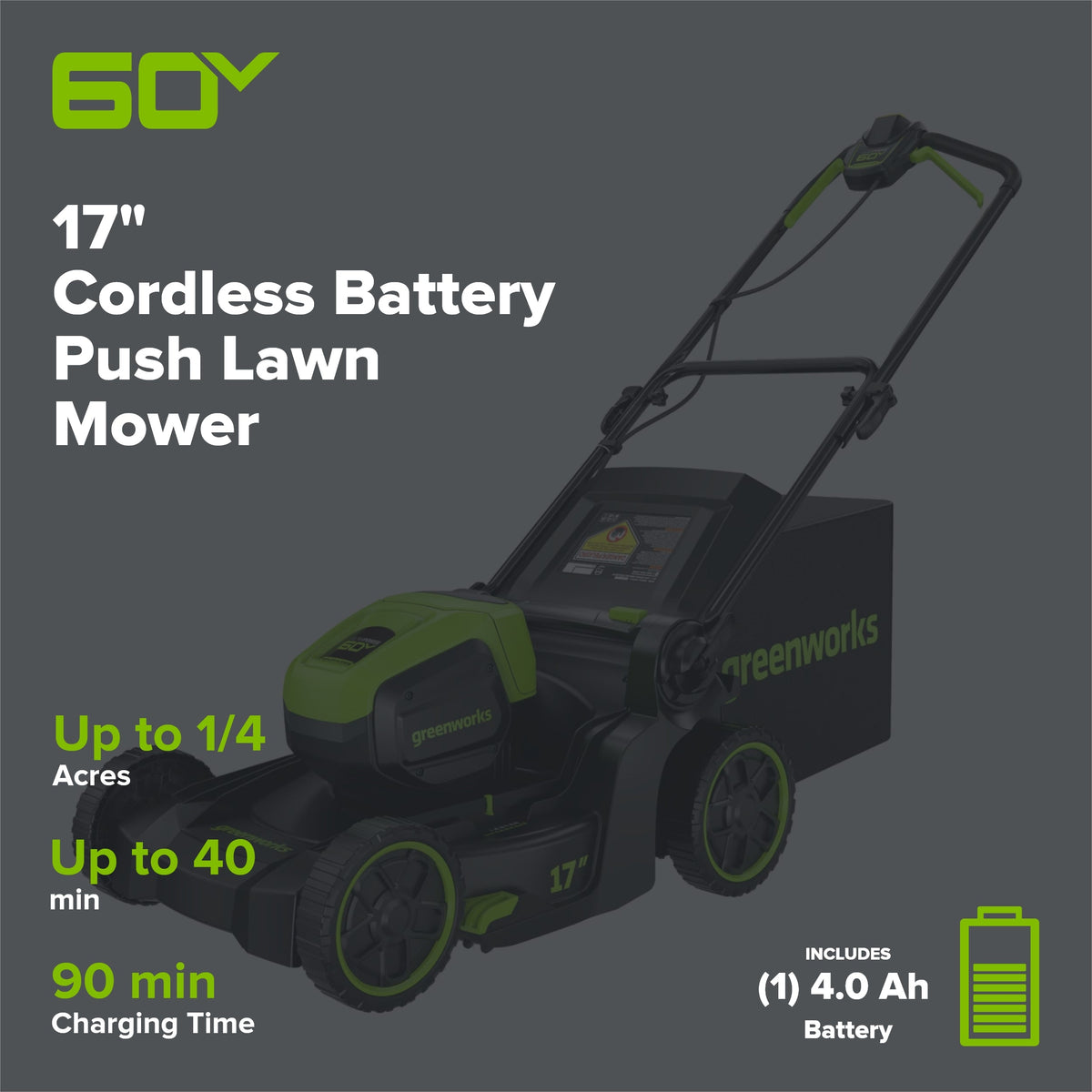 60V 17" Cordless Battery Push Lawn Mower and 610 CFM Jet Blower Combo Kit: 4.0 Ah Battery and Charger