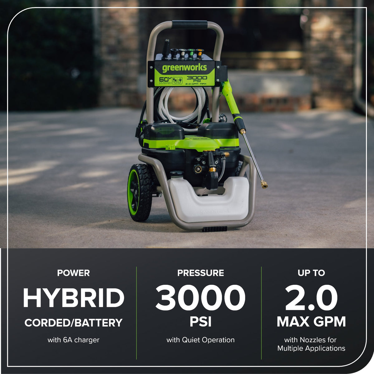 Corded/60V 3000-PSI 2.0 GPM Electric Pressure Washer: (2) 5.0Ah Batteries and Dual-Port Charger