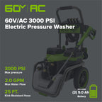 Corded/60V 3000-PSI 2.0 GPM Electric Pressure Washer: (2) 5.0Ah Batteries and Dual-Port Charger