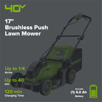 40V 17" Cordless Battery Brushless Push Lawn Mower: 4.0 Ah Battery and Charger, LM1724