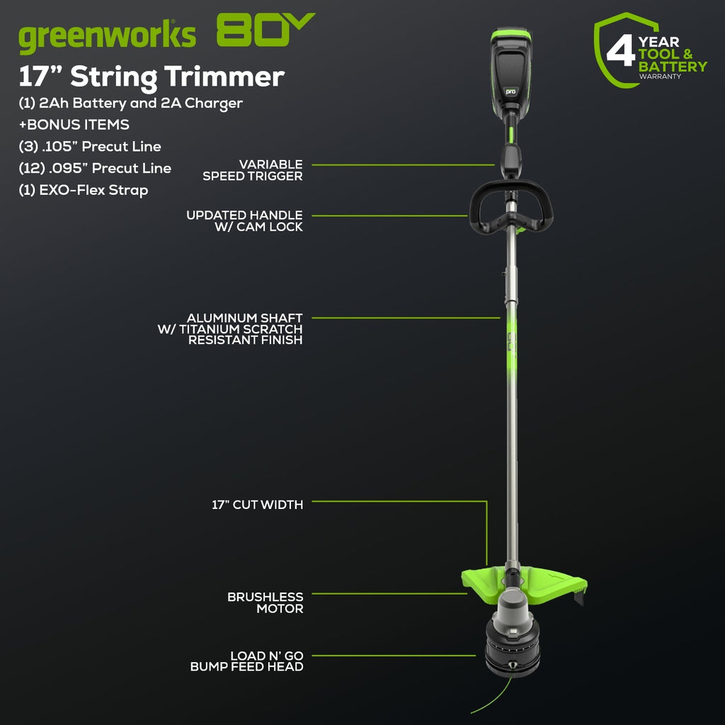 OPEN BOX 80V 17" Brushless String Trimmer: 2.0 Ah Battery and Charger