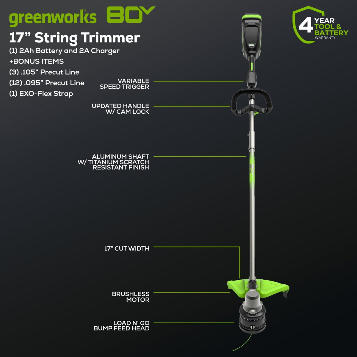OPEN BOX 80V 17" Brushless String Trimmer: 2.0 Ah Battery and Charger
