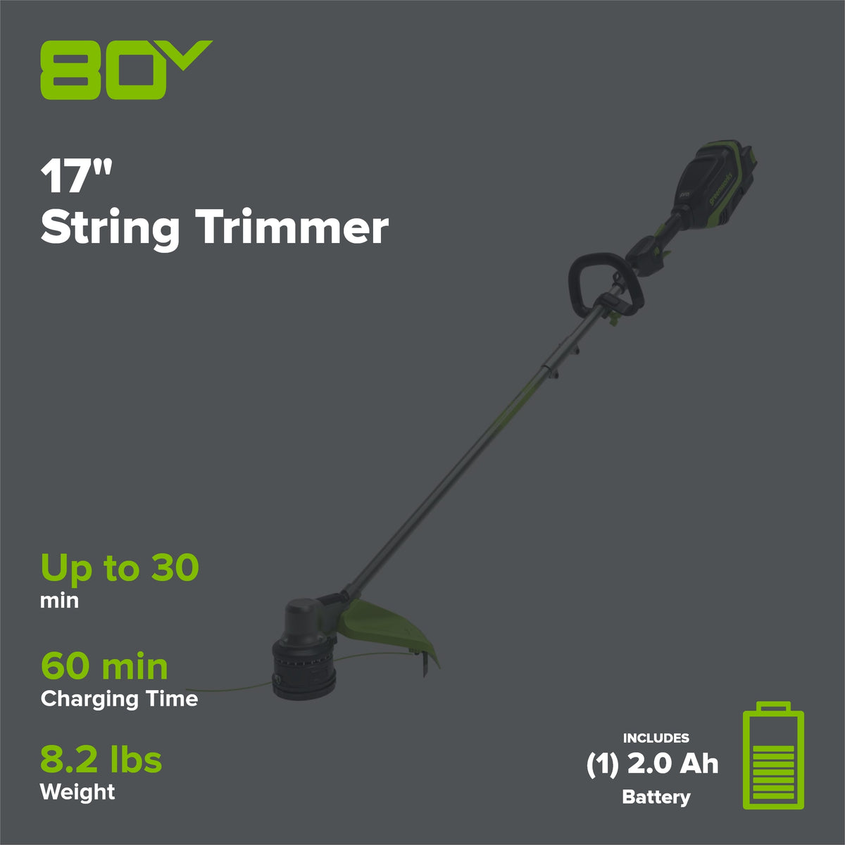 OPEN BOX 80V 17" Brushless String Trimmer: 2.0 Ah Battery and Charger